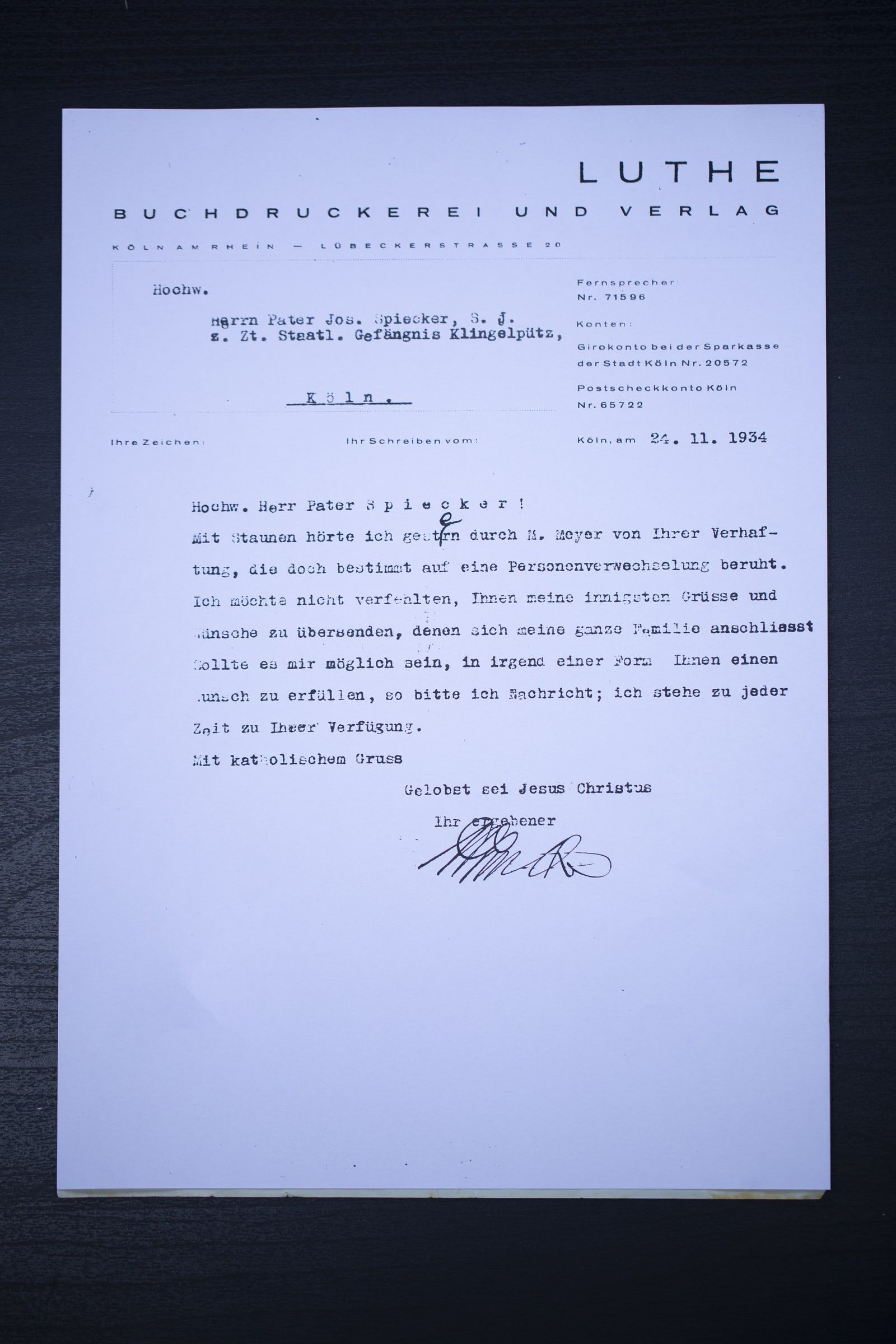Maschinengeschriebener Brief auf dem Briefbogen der LUTHE Buchdruckerei und Verlag, Köln, datiert 24. 11. 1934