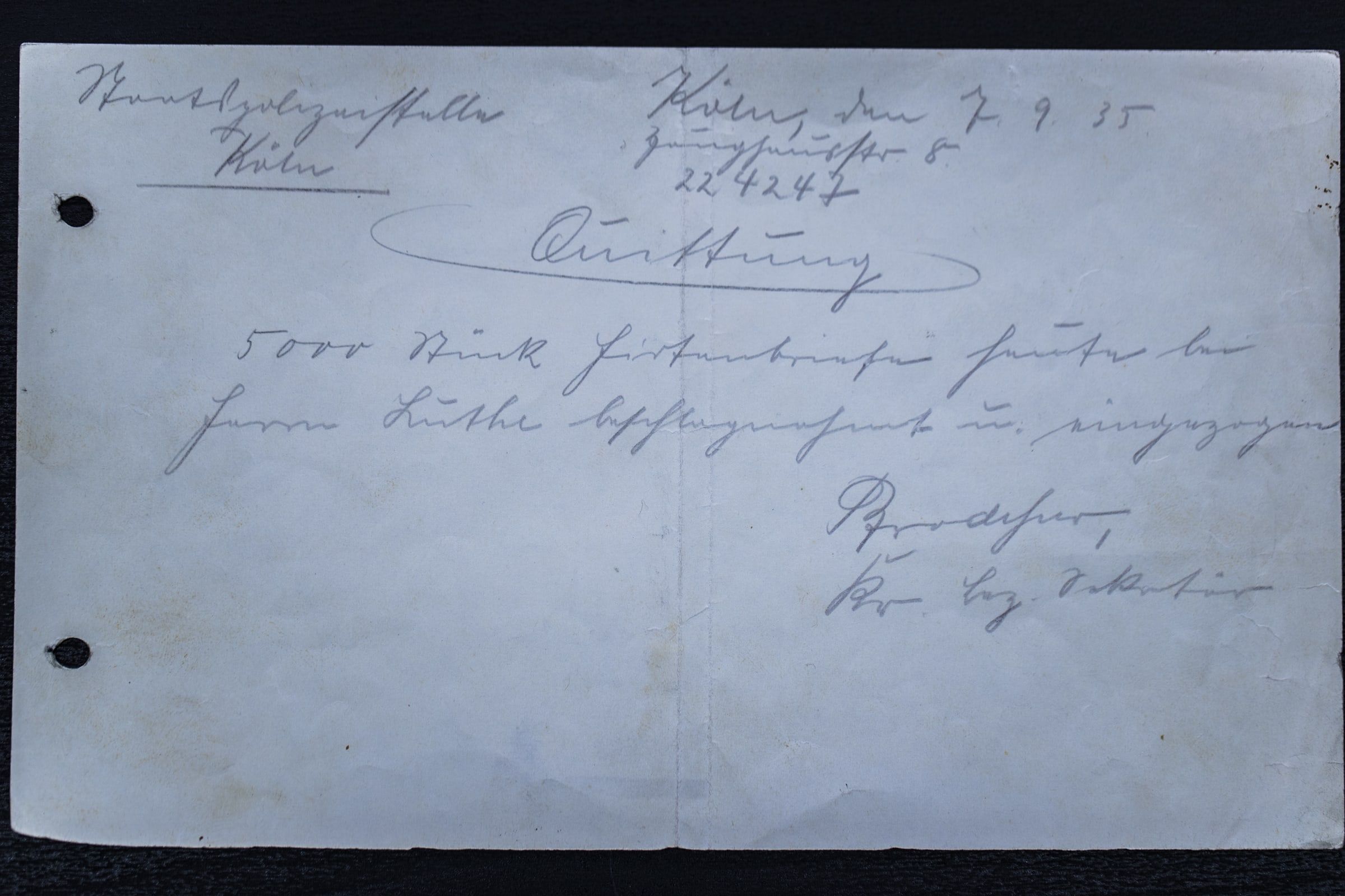 Handschriftliche Quittung der Staatspolizeistelle Köln vom 7. September 1935 über 5000 beschlagnahmte Hirtenbriefe
